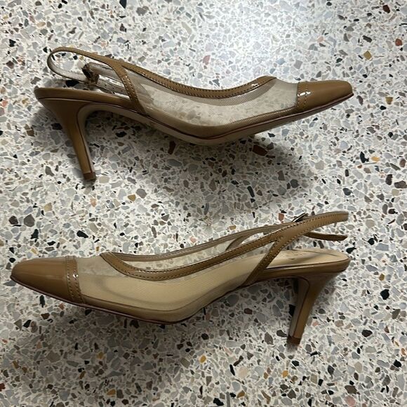 Kate Spade mesh slingback patent trim heels pump tan nude beige 7 - Picture 3 of 10